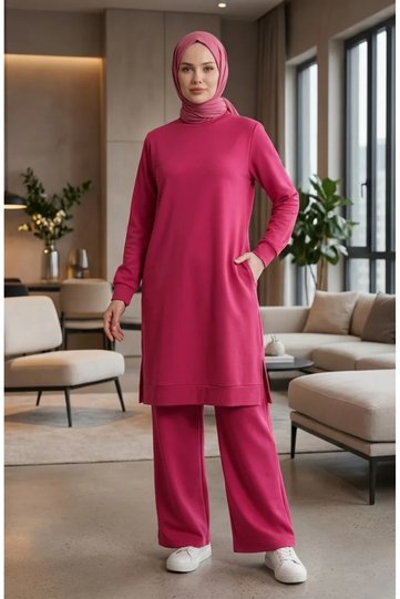 Slit Detailed Tracksuit Set 3083-07 Fuchsia