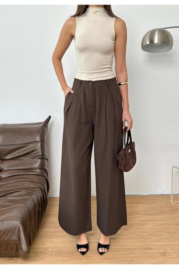 New Season Linen Fabric Front Detail Bridged Buttoned Wide Leg Palazzo Pants