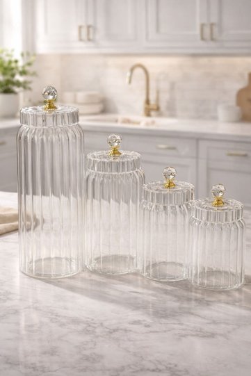 Set of 4 Borosilicate Glass Optical Striped Crystal Jars with Gold Lids 630 -800-1100-1500 ml