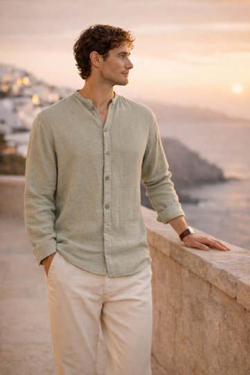 Lightweight and Breathable Men's Muslin Half Placket Judge Collar Oversize Shirt - Light Khaki