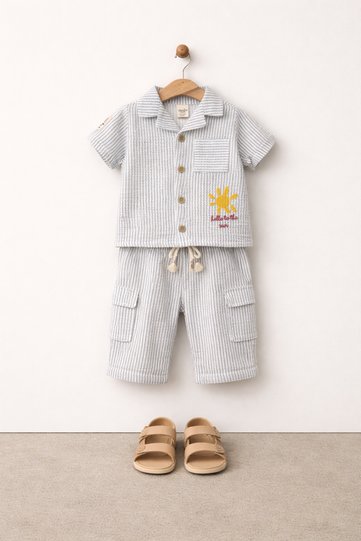 Baby Boy 2-Piece Set Sun Printed Shirt Striped Pattern Pants Casual Eid Special Occasions