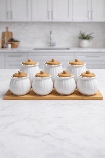 7-Piece Ceramic Spice Jar Set with Bamboo Stand, Wooden and Vacuum-Locked Kitchen Organizer Jar Set