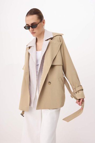 Beige Striped Lining Detailed Double-Breasted Midi Trench Coat Twoss26Tr00005