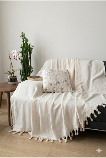 Ecru Cotton Woven Non-Slip Textured Sofa Cover-Decorative Tufted Sofa Wrap&Pikee175X215