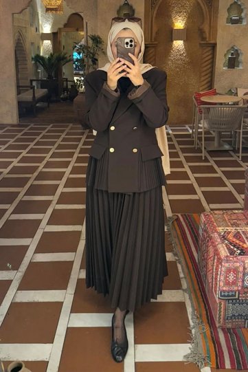 Kahve Farima Jacket Formed Button Detailed Pleated Skirt Set Tns-4376