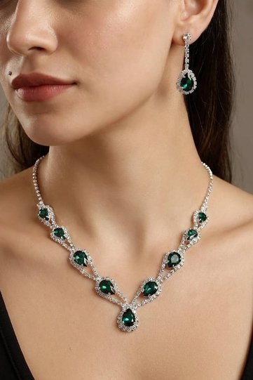 Accessories Hürrem Model Green Stone Necklace Earrings Jewelry Set Choker - Bridal Wedding Engagement Evening Dress Set