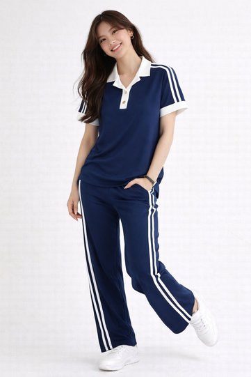 Women's Modal Fabric Polo Collar Stripe Detailed Soft Textured Tracksuit Set