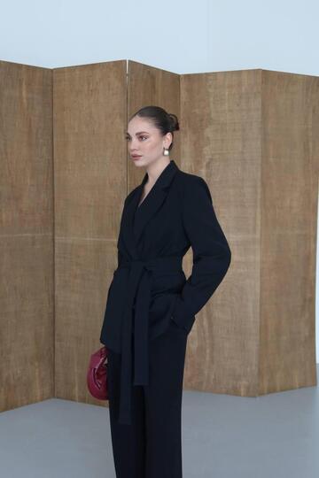 Women's Black Belted Lined Blazer Jacket Palazzo Pants Set