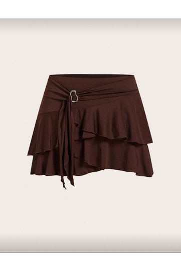 New Season Coffee Color Ruffled Layered Buckle Detailed Gathering Mini Skirt Shorts