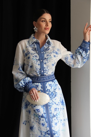 Floral Patterned Shirt and Lined Maxi Skirt Premium Design Linen Set