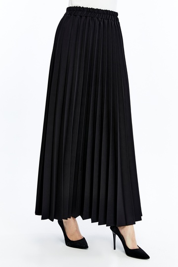 Black Pleated Women's Long Crepe Skirt with Elastic Waist, Pleated, Comfortable