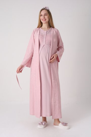 Maternity Nightgown Set - Lace Embroidered Cotton Maternity Nightgown and Dressing Gown 2-Piece Set
