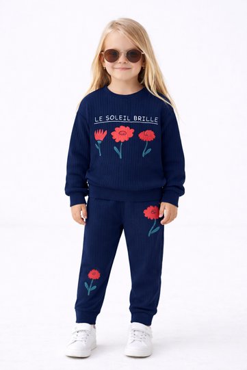 Children's Printed Top and Bottom Tracksuit Set Ribbed Stretchy Fabric