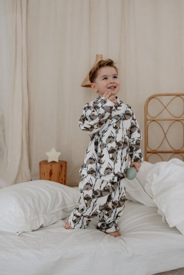 Panda Patterned Children's Pajama Set with Collar Detail