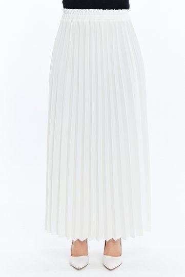 White Pleated Women's Long Crepe Skirt with Elastic Waist Pleated