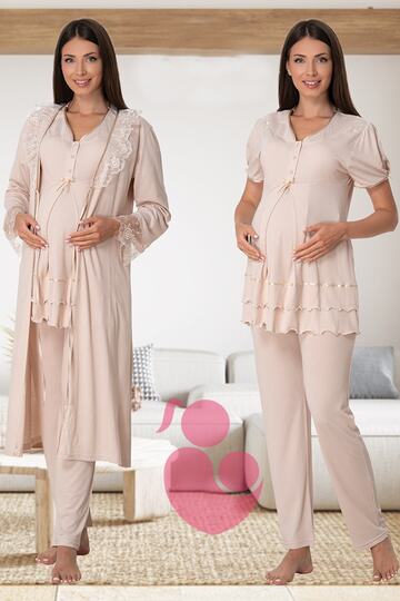 Milk Coffee Robe-Style Postpartum Pajamas with Hidden Nursing Feature Effortt 8024