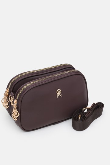Brown 3-Compartment Buzzy Satin Leather Daily Women's Shoulder Bag with Adjustable Column Strap