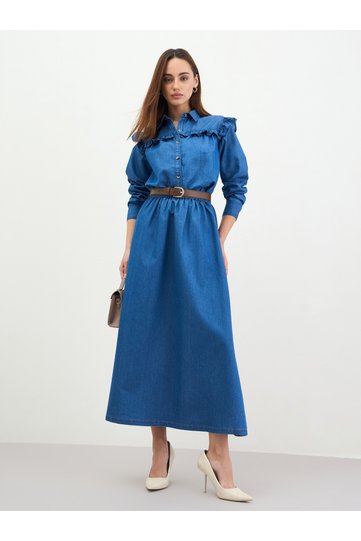 Blue Denim Maxi Skirt with Elastic Waistband