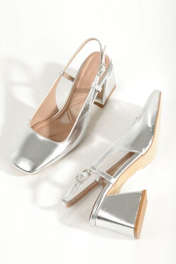 Silver Lame Color Thick Heeled Blunt Toe Evening Dress Shoes Benova