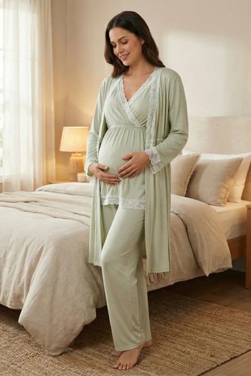 Cotton Maternity Pajama Set - 3-Piece Maternity Set with Hidden Nursing Compartment - Mint Green