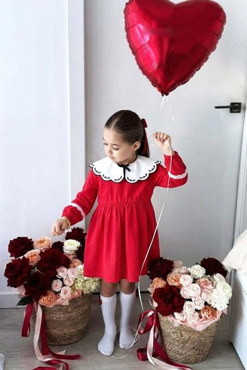 Girl's Red Cotton Baby Collar Embroidery and Lace Detailed Muslin Dress