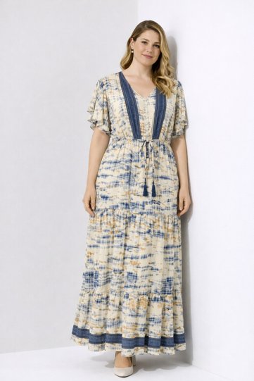Women's Plus Size Beige, Waist Elastic Detailed, Buttoned, Long Dress 65N39452