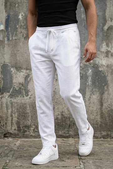 Men's Linen Trousers White Elastic Lace-Up Boyfriend Relaxed Fit Summer Ls-23124