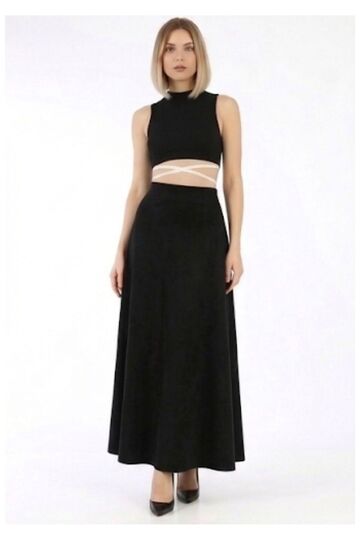 Women's Black Long Mevlana Skirt, Hijab & Daily Elegance, Flexible Diving Fabric