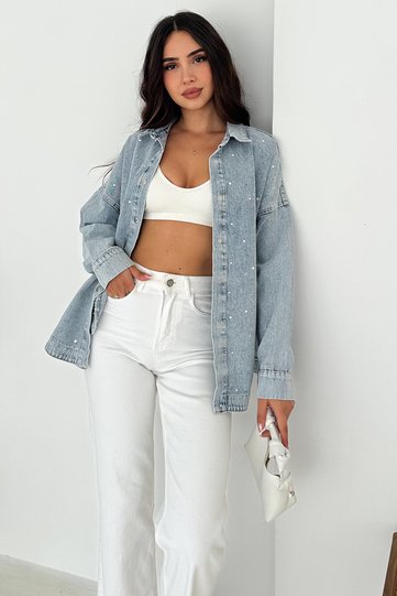 Women's Stone Detailed Oversize Denim Shirt – Light Blue Jean Shirt