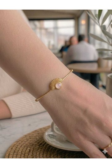 Pink Quartz Natural Stone Steel Gold Women's Bracelet for Libra, Virgo and Cancer Signs