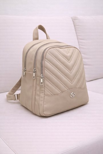 Women's Beige 3-Compartment V Quilted Front Design Large Volume Shiny Fabric Backpack