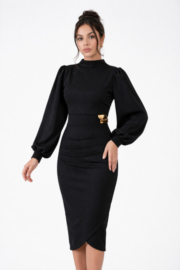 Women's Black Crepe Wrap Evening Dress with Long Sleeves, Slit and Accessories 77153