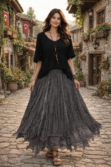 Women's Cotton Lined Skirt and Mercerized Short Sleeve Blouse with Necklace Combination 40/46