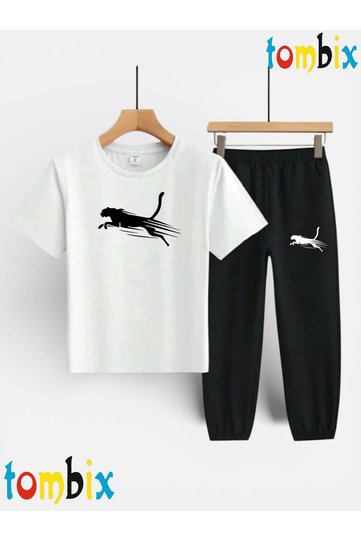Cheetah Animal Print T-Shirt Sweatpants (with Pocket) Kids' Top and Bottom Set