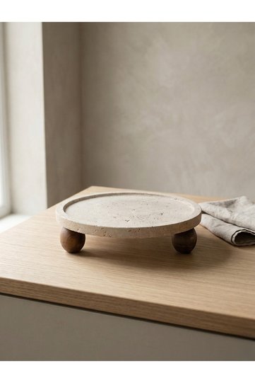 Natural Travertine Wooden Sphere 40 mm Round Decorative Presentation Tray with Stand 25X2 cm