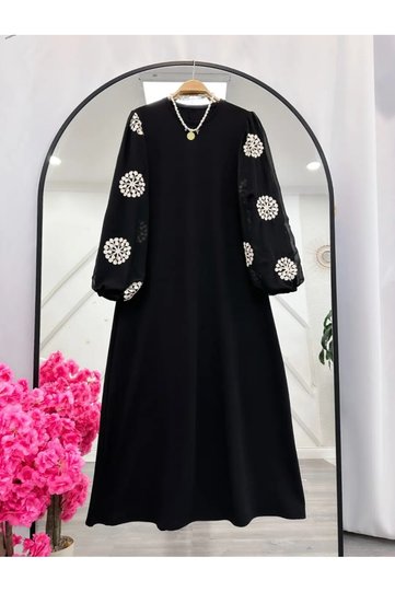 Women's Sleeve Tulle Embroidery Detailed Dress -04500