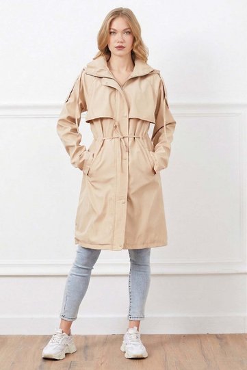 Shoulder Detailed Hooded Belted Trench Coat