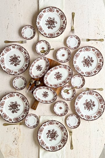Antique Rose 19 Piece 6 Person Porcelain Breakfast Set Burgundy-Brown Floral Patterned