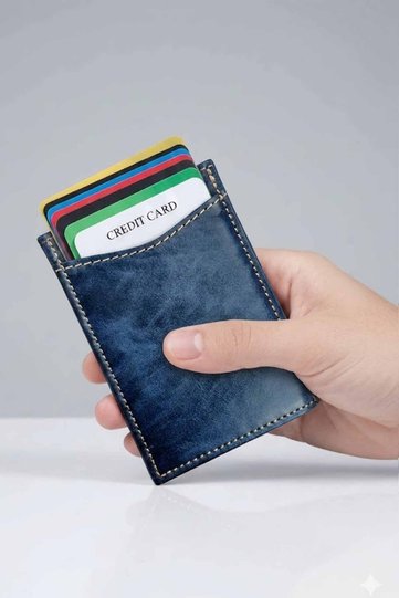 محفظة حاملة بطاقات باللون الأزرق الداكن مع ميكانيزم حماية RFID - محفظة ذات آلية أوتوماتيكية