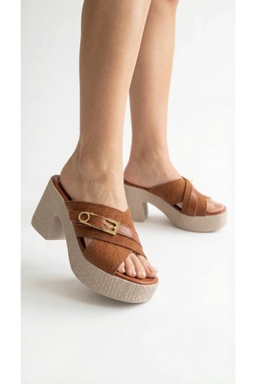 Side Buckle Detailed High Lightly Padded Heeled Comfortable Women's Summer Slippers Sandals