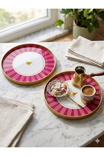 Set of 2 Pink Love Bird Patterned Serving Trays, Gold Real Glass, 24cm