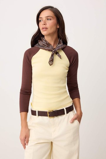 Light Yellow Plain Fitted Crew Neck Raglan Sleeve Cotton Ribbed Knitted T-Shirt Twoss26Ts00237