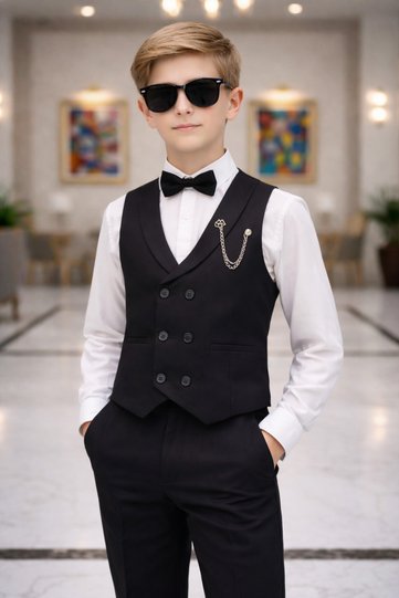 Boy's Tuxedo Vest Suit with Shirt and Bow Tie Set Black