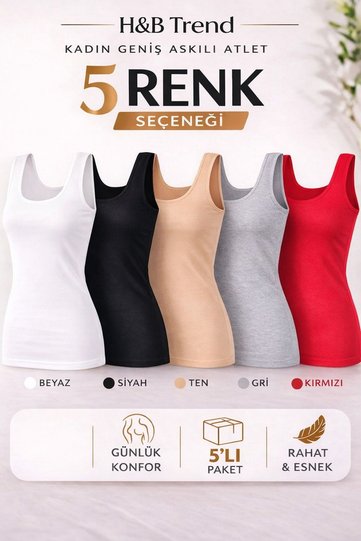Women's Colorful Wide Strap Elastane Undershirt 5 Colors 5 Pieces (Red Skin Black White Gray)