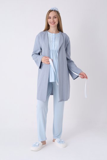 Maternity Pajamas Dressing Gown 3-Piece Set Jacquard Textured Lace Breasted Buttoned Breastfeeding Cotton Viscose