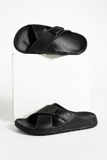 Men's Orthopedic Velcro Adjustable Leather (Faux) Stitched Inside-Out Slippers