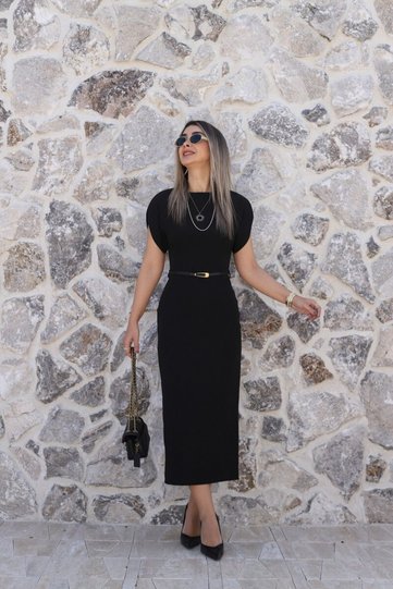 Black Straight Cut Slim Belted Dress