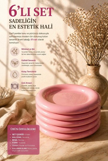 Set of 6 Aesthetic Pink Ceramic Serving Plates |   Round Cake and Presentation Set