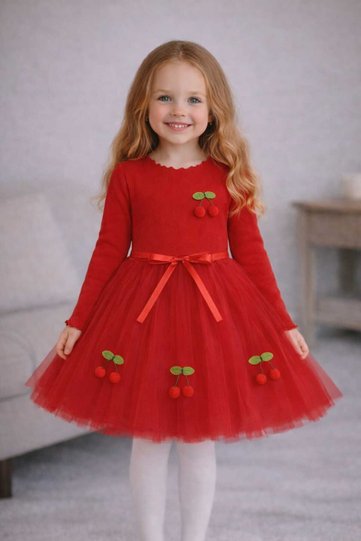 Lulu Cherry Long Sleeve Girls Baby Kids Cherry Fluffy Tutu Dress Princess Stretchy Lycra Red