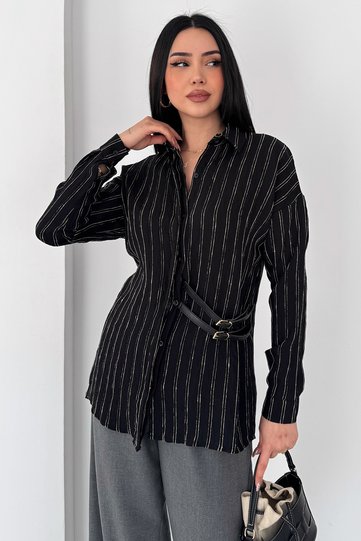 Women's Striped Belted Shirt – Loose Fit Buttoned Stylish Blouse